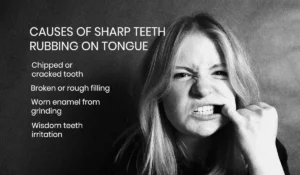 graphics shows a girl iwth the issue caused b7 sharp teeth rubbing on toung