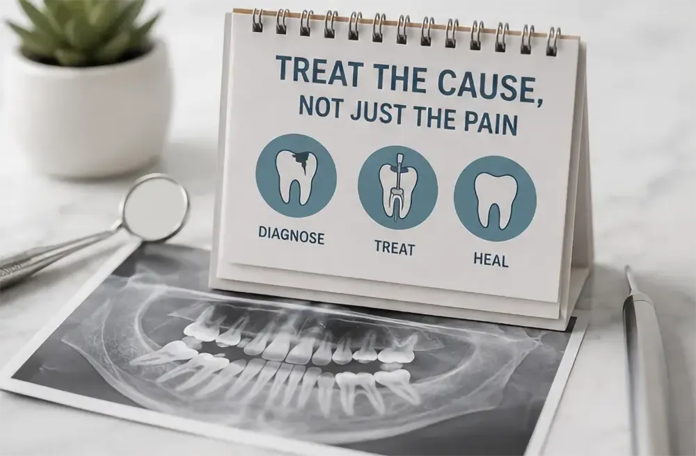 graphics showing  dental treatment should address the cause rather than only the symptoms